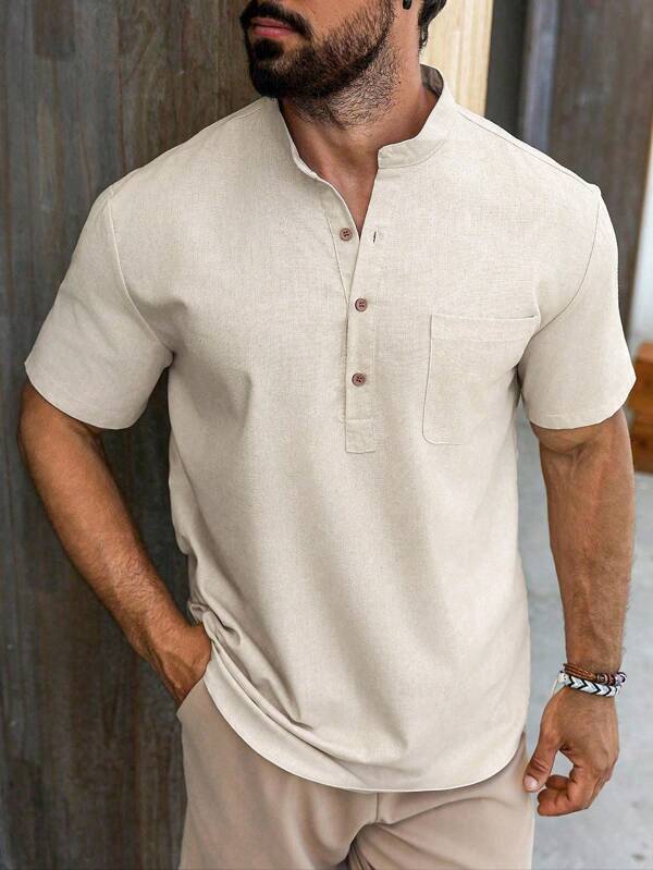 Men's solid color patch pocket summer casual versatile short-sleeved shirt men's beach linen shirt Men's solid color patch pocket summer casual versatile short-sleeved shirt men's beach linen shirt