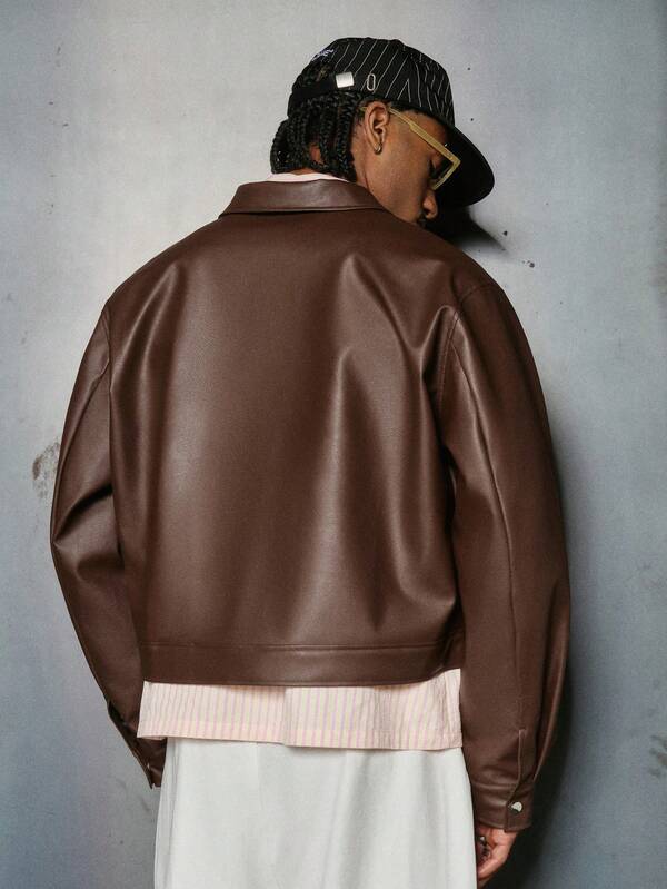 Men's street style trendy casual zipper pocket PU leather long sleeve jacket streetwear mocha bomber jacket brown jacket cropped jacket brown leather jacket Men's street style trendy casual zipper pocket PU leather long sleeve jacket streetwear mocha bomber jacket brown jacket cropped jacket brown leather jacket