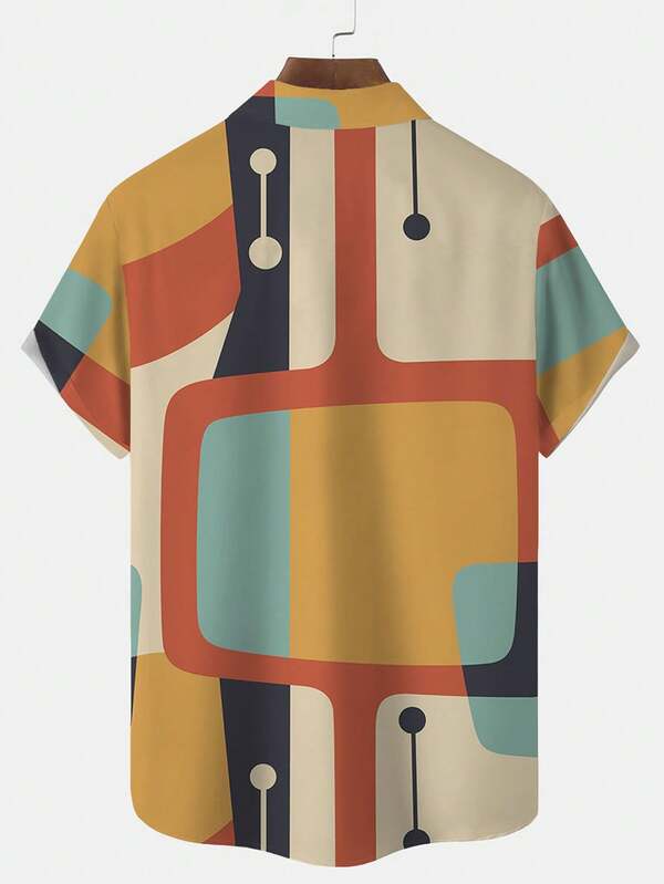 Retro 50s Geometric Atomic Print Button Pocket Short Sleeve Shirt, Plus Size Retro 50s Geometric Atomic Print Button Pocket Short Sleeve Shirt, Plus Size