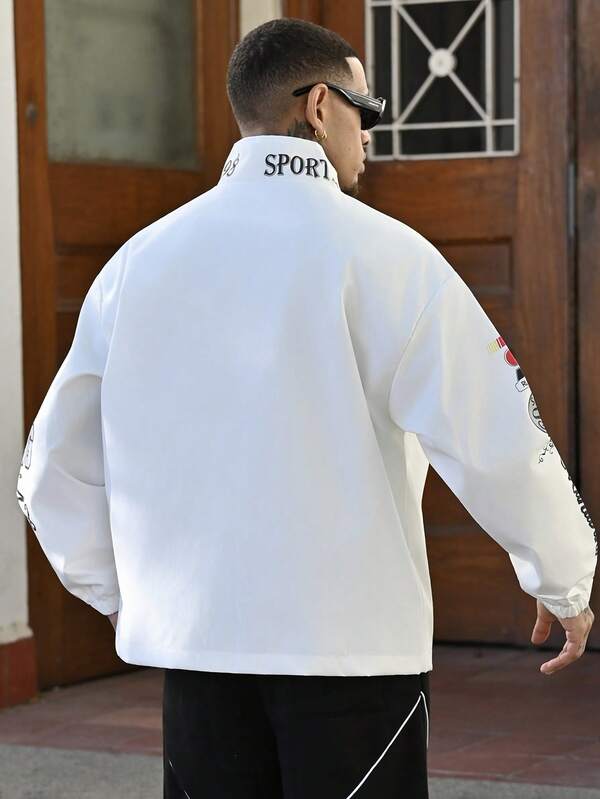 Men's Long Sleeve Casual Slogan Print Stand Collar Rave Jacket Spring and Fall