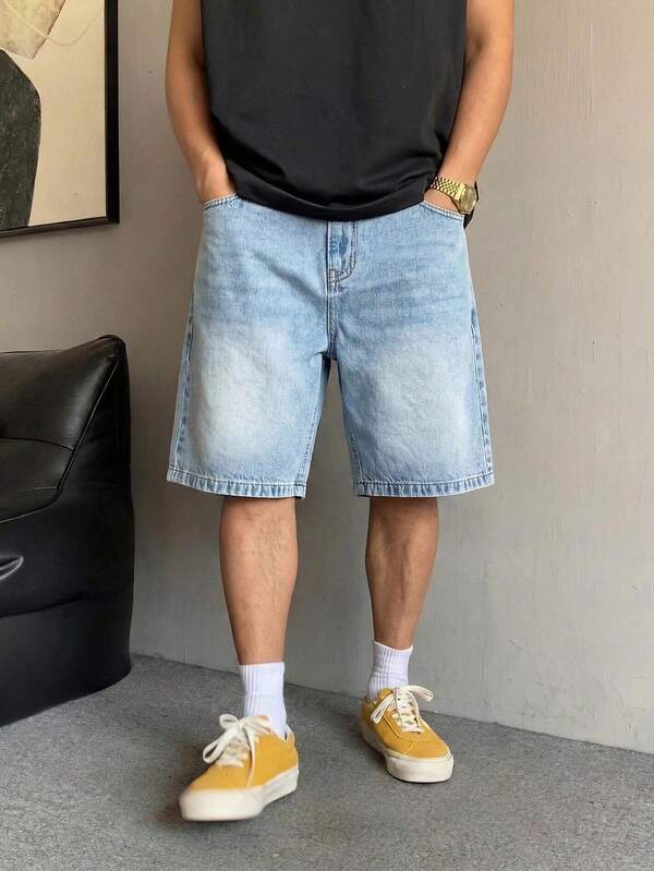 Denim Shorts, Straight Leg Knee Length Inseam Shorts, Cotton Denim Shorts, Casual Streetwear Jeans, Versatile For Daily Commute, Breathable For Summer Denim Shorts, Straight Leg Knee Length Inseam Shorts, Cotton Denim Shorts, Casual Streetwear Jeans, Versatile For Daily Commute, Breathable For Summer