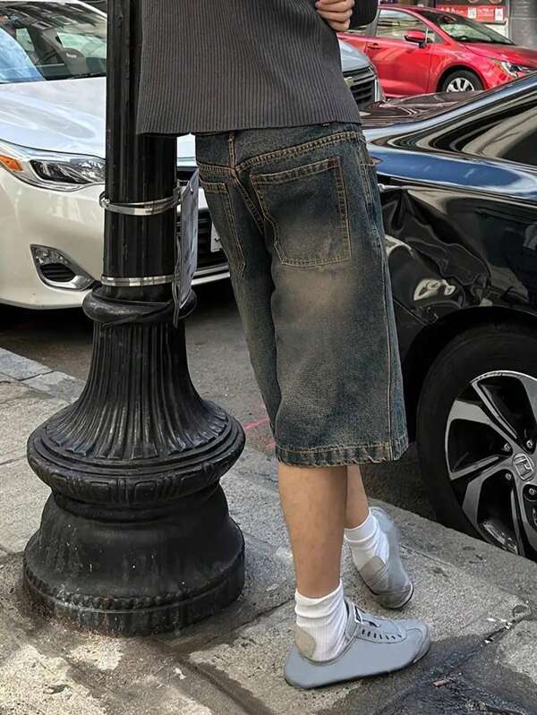 Men's Loose Fit Wide Leg Casual Denim Bermuda Shorts Jorts, Emo Style