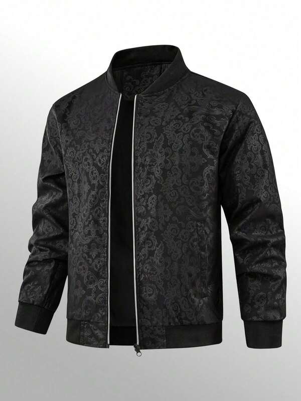Men's Floral Jacquard Jacket Zip-Up Stand Collar Casual Jacket Vintage Black Pattern Outerwear Men's Floral Jacquard Jacket Zip-Up Stand Collar Casual Jacket Vintage Black Pattern Outerwear