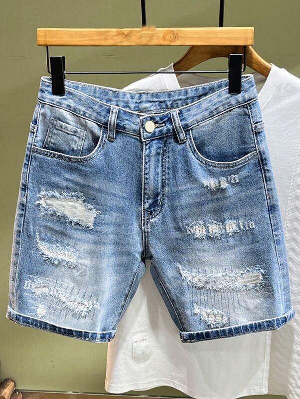 Men's Distressed Denim Shorts, Washed Vintage Loose Wide Leg Casual Bermuda Shorts Men's Distressed Denim Shorts, Washed Vintage Loose Wide Leg Casual Bermuda Shorts